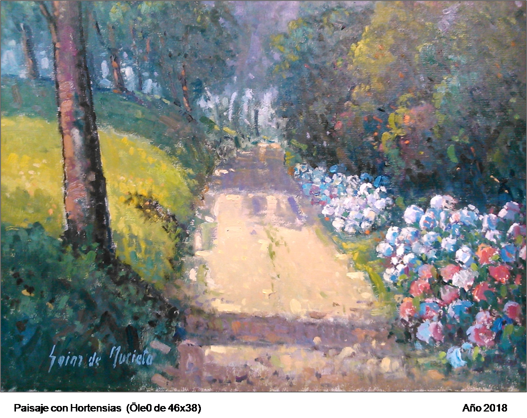 Óleo de Paisaje con Hortensias